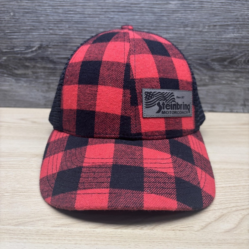 Steinbring Motorcoach Hat Cap Snap Back Mens Red Black Plaid Trucker Mesh